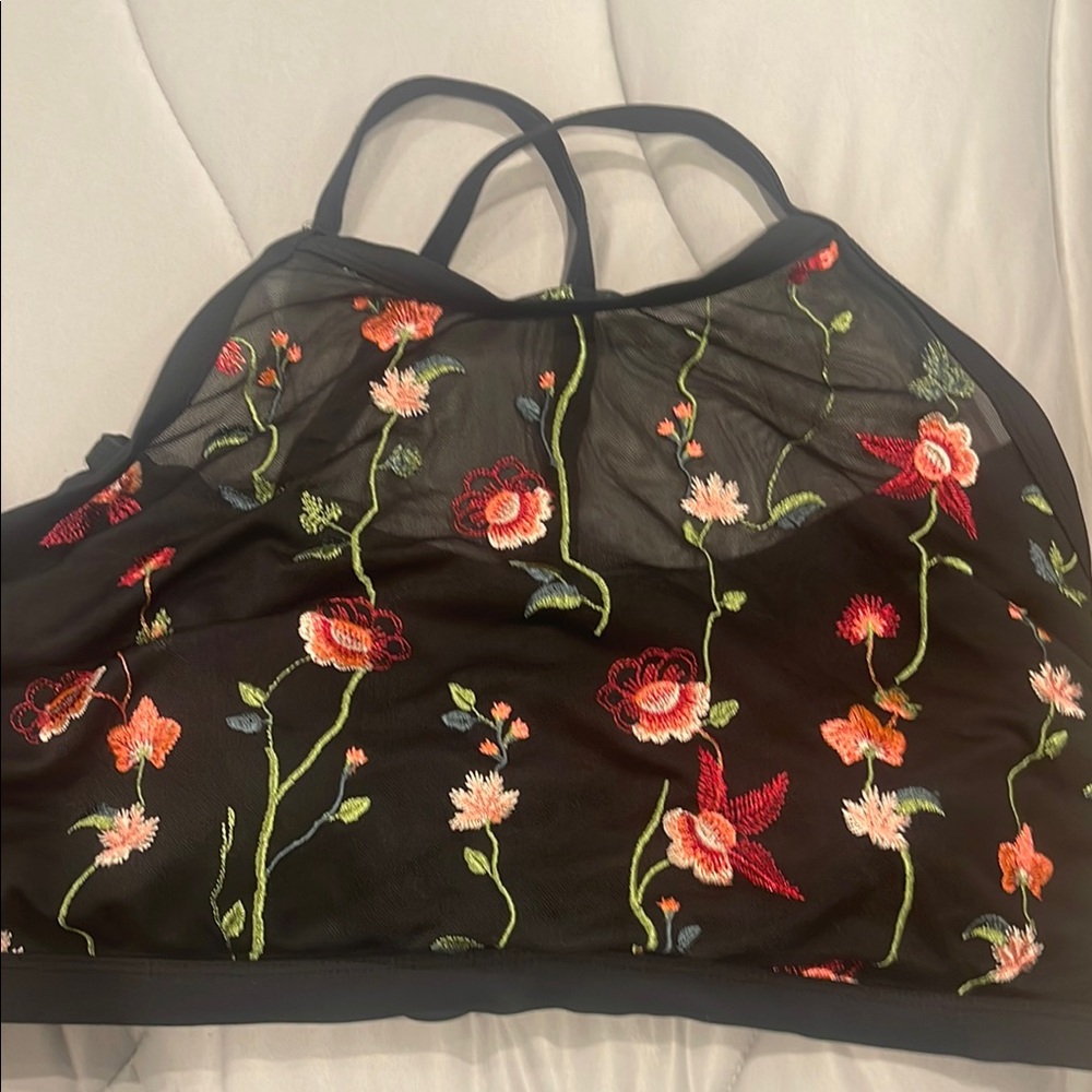 Floral Embroidered Black Mesh Top